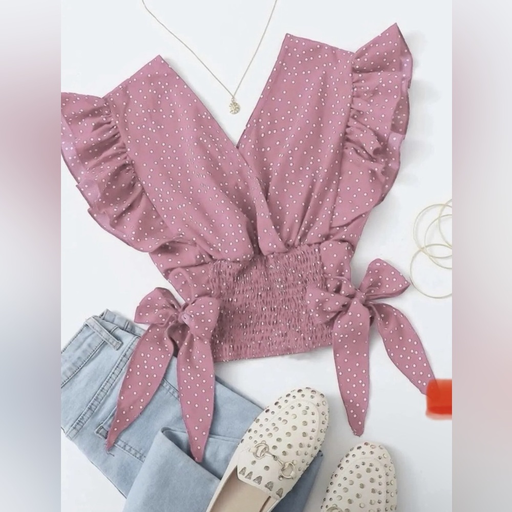 C SHEIN Womens Pink Polka Dot Ruffle Crop Top Size Large L Womens Shirt